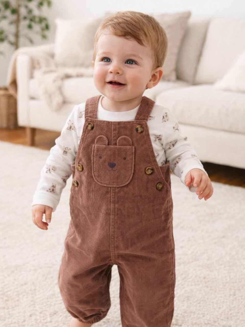 NWT Carter’s Just One You Baby Boy Bear Overalls Set 12M Brown Corduroy 2pc - Picture 2 of 4